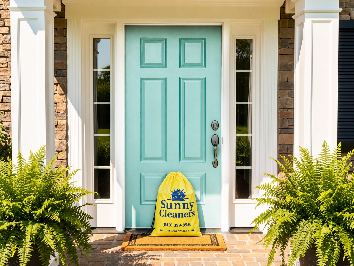 Sunny Cleaners yellow pickup bag sitting on doormat at Myrtle Beach home front door